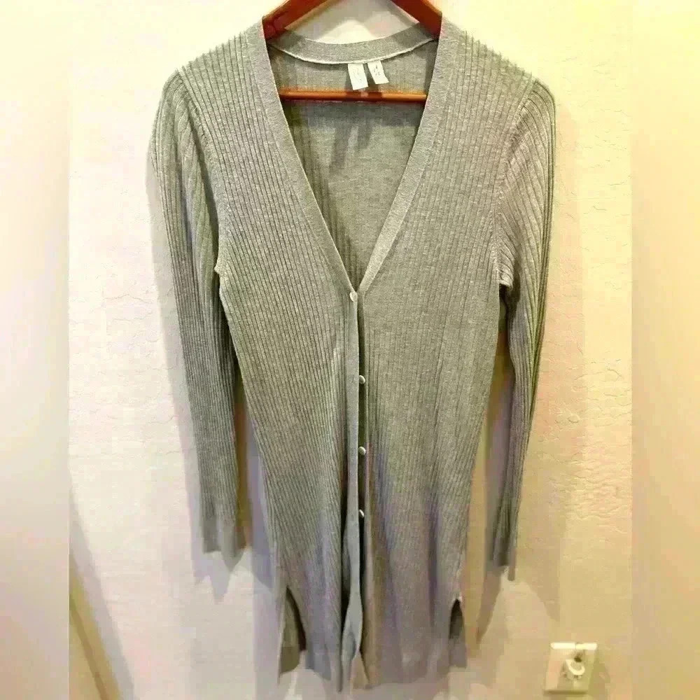 Meadow Rue by Anthropologie Cali Gray Ribbed Cardigan Duster Women's L #preppy